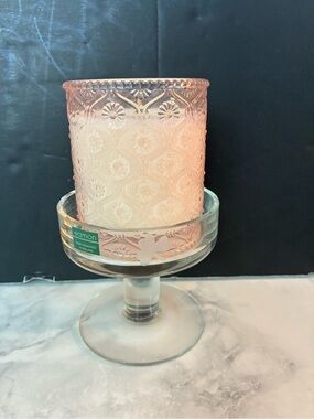 Eamon Glass Vintage Pillar Candle Riser with Tag. Hand Engraved with Shamrocks.